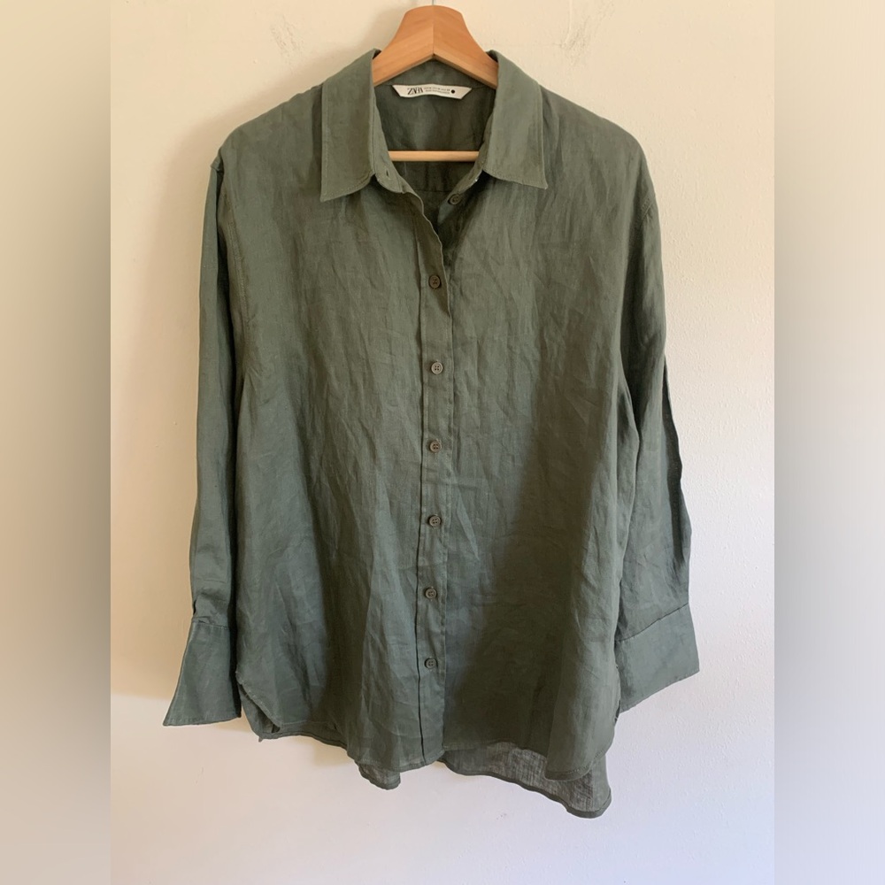Zara Olive Green Button-Down Linen Shirt